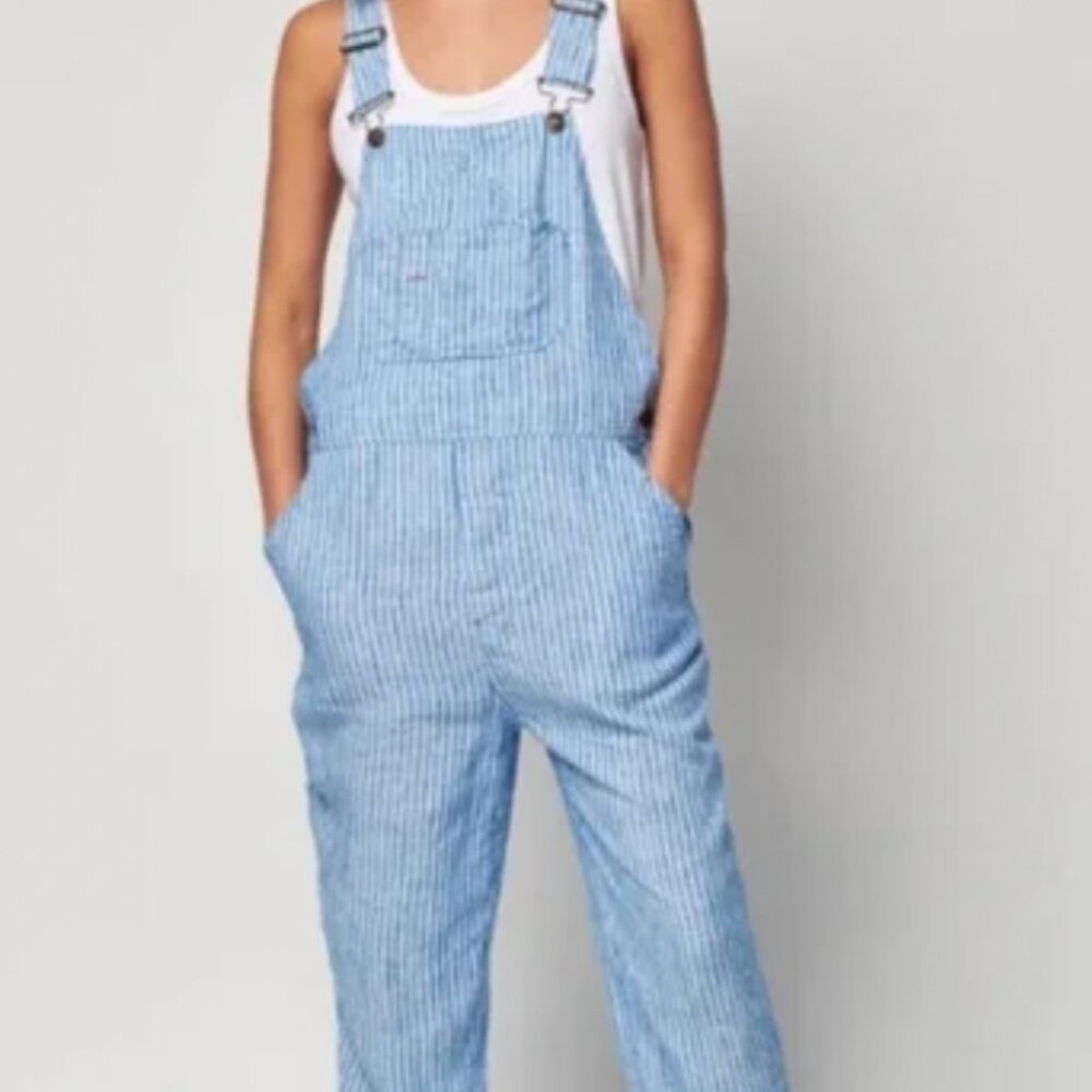Faherty Light Blue Striped Cotton Overalls Jumpsuit